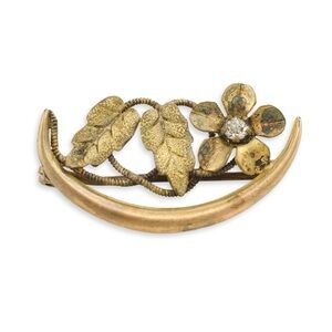 Antique Floral Crescent Moon Brooch Small Pin Gold Tone with Paste Stone